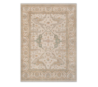 Soft Neutral & Sage Oushak Geometric Medallion Hand-Knotted Wool Area Rug