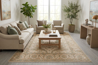 Soft Neutral & Sage Oushak Geometric Medallion Hand-Knotted Wool Area Rug