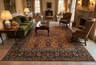 Crimson Rust & Midnight Navy Persian Floral Kashan Hand-Knotted Wool Area Rug