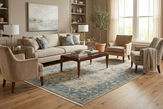 Beige & Denim Blue Oushak Floral Lattice Hand-Knotted Wool Area Rug