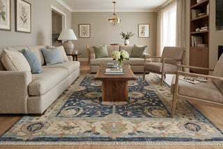 Midnight Navy & Ivory Persian Floral Palmette Hand-Knotted Wool Area Rug