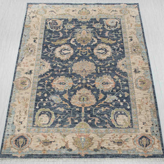 Midnight Navy & Ivory Persian Floral Palmette Hand-Knotted Wool Area Rug