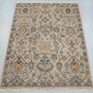 Weathered Beige & Slate Blue Oushak Floral Hand-Knotted Wool Area Rug