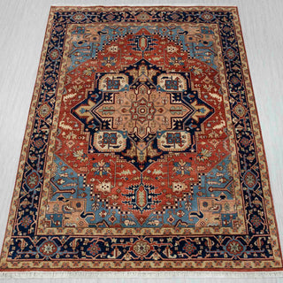 Terracotta Rust & Midnight Navy Heriz Medallion Hand-Knotted Wool Area Rug