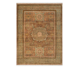 Earthy Rust & Sage Geometric Hand-Knotted Wool Area Rug