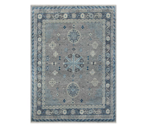 Slate & Steel Blue Caucasian Geometric Tribal Hand-Knotted Wool Area Rug