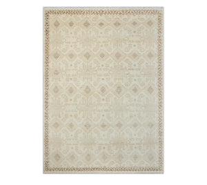 Cream & Taupe Geometric Kazak Tone-on-Tone Hand-Knotted Wool Area Rug