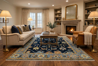 8x10 Navy Gold Floral Oushak Hand Knotted Wool Rug