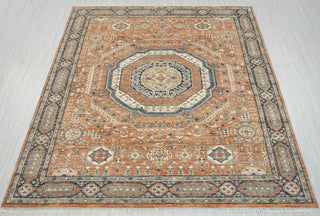 Terracotta & Slate Blue Geometric Medallion Hand-Knotted Wool Area Rug