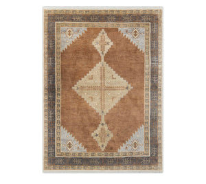 Warm Camel & Charcoal Tribal Diamond Medallion Hand-Knotted Wool Area Rug