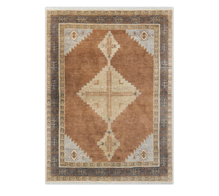 Warm Camel & Charcoal Tribal Diamond Medallion Hand-Knotted Wool Area Rug
