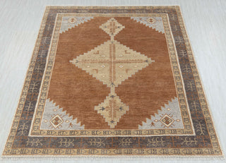 Warm Camel & Charcoal Tribal Diamond Medallion Hand-Knotted Wool Area Rug