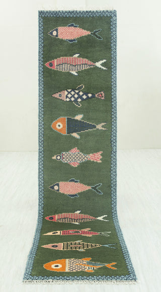 Whimsical Green Fish Hand-Knotted Wool Runner Rug