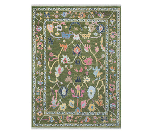 Aurelius- 9x12 Green Floral Oushak Hand Knotted Wool Rug
