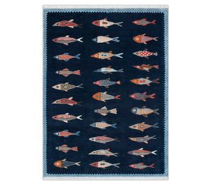 Marina Hand Knotted Fish Pattern Motifs Soft Wool Rug