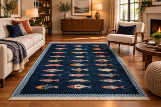 Marina Hand Knotted Fish Pattern Motifs Soft Wool Rug