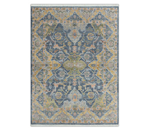 Slate Blue & Gold Tribal Medallion Hand-Knotted Wool Area Rug