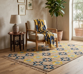 Handwoven Geometric Motif Natural Fiber Area Rug – Blue & Yellow Embroidered Mat
