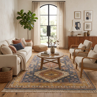Sharlan Blue Gold Persian Hand Knotted  Wool Rug