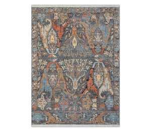 Slate Charcoal & Rust Caucasian Tribal Flame Motif Hand-Knotted Wool Area Rug