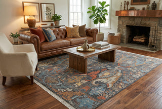 Slate Charcoal & Rust Caucasian Tribal Flame Motif Hand-Knotted Wool Area Rug