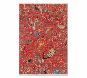 Red Birds & Garden Hand-Knotted Wool Rug
