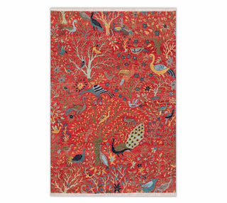 Red Birds & Garden Hand-Knotted Wool Rug
