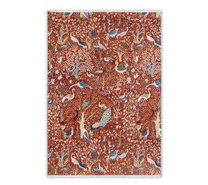 Rust Red Birds & Garden Hand-Knotted Wool Rug