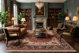 Crimson Red & Navy Persian Kashan Medallion Hand-Knotted Wool Area Rug