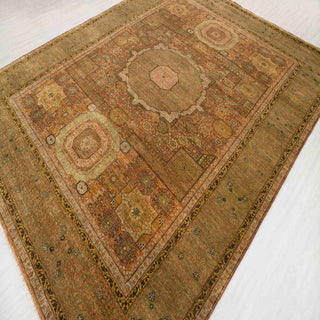 Muted Olive & Terracotta Geometric Medallion Hand-Knotted Wool Area Rug