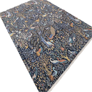 Garden Whispers Navy Birds & Garden Hand-Knotted Wool Rug