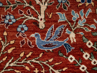 Rust Red Birds & Garden Hand-Knotted Wool Rug