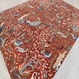 Rust Red Birds & Garden Hand-Knotted Wool Rug
