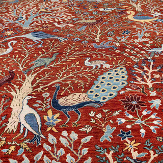 Rust Red Birds & Garden Hand-Knotted Wool Rug
