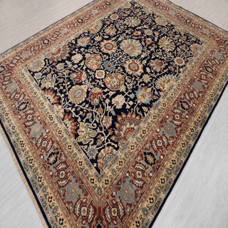 Midnight Navy & Terracotta Persian Floral Palmette Hand-Knotted Wool Area Rug